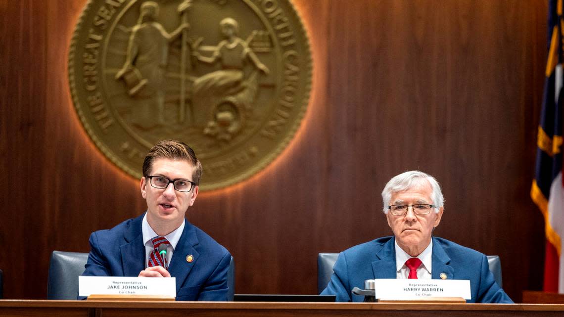 Co-chairs Reps. Jake Johnson and Harry Warren lead a House Oversight Committee hearing on Tuesday July, 23, 2024 at the Legislative Building. Republicans called the North Carolina State Board of Elections to an Oversight hearing to question them about Robert F. Kennedy and Cornel West’s ballot access.