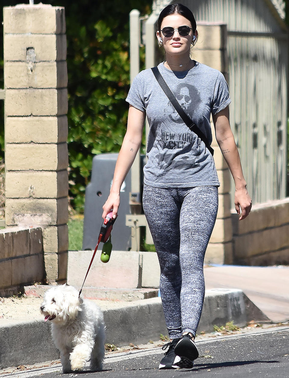 <p>Lucy Hale takes her pup out on Monday in Studio City, California, for a walk.</p>