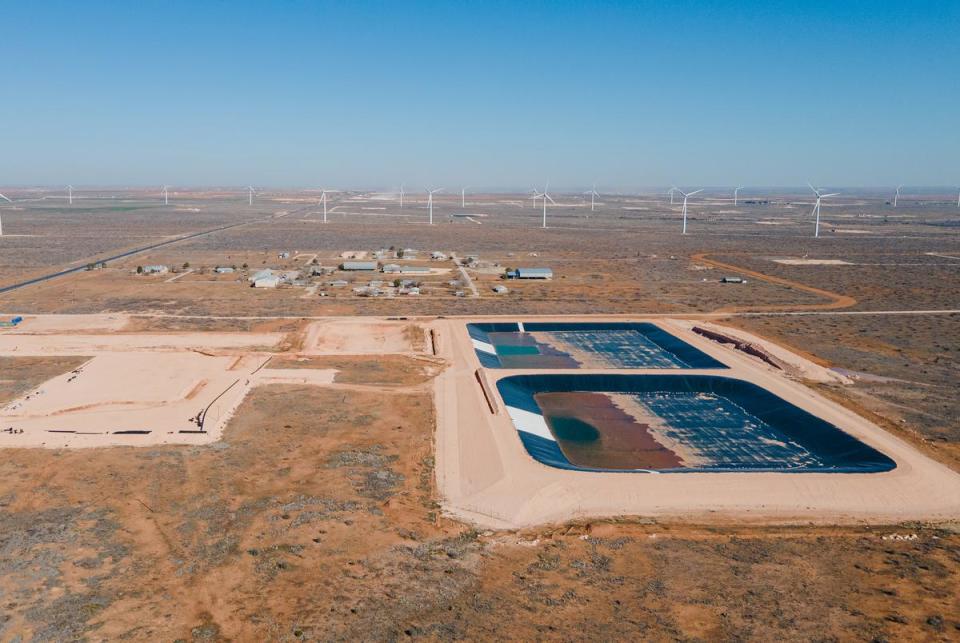 Produced water ponds, constructed by Martin Water, and Circle 6 Baptist Camp, top, in Lenorah on Feb. 24, 2024. The Railroad Commission approved the construction of the ponds, used to treat and recycle produced water from fracking, next to the Circle 6 Baptist Camp in the Permian Basin.