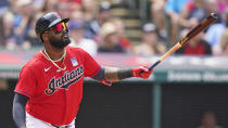 Cleveland Indians' Franmil Reyes watches his solo home run in the third inning of a baseball game against the St. Louis Cardinals, Wednesday, July 28, 2021, in Cleveland. (AP Photo/Tony Dejak)