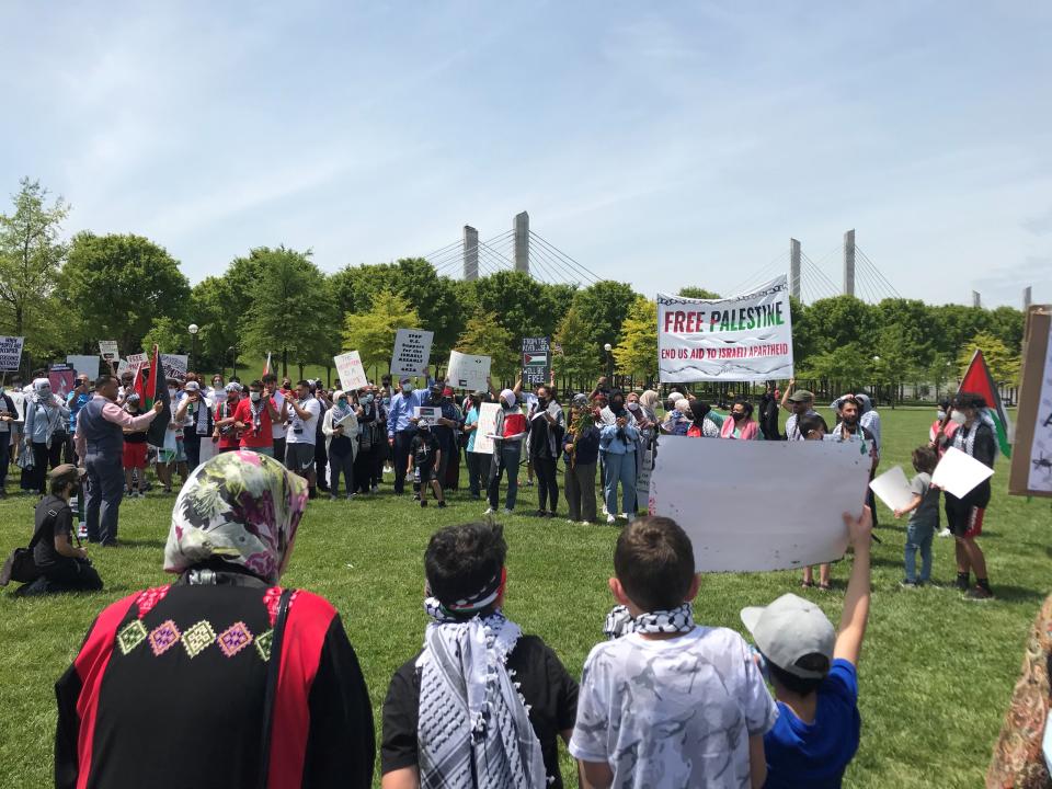 A crowd gathered Saturday near downtown Louisville, Kentucky, to commemorate Nakba and protest the military occupation of Palestine.