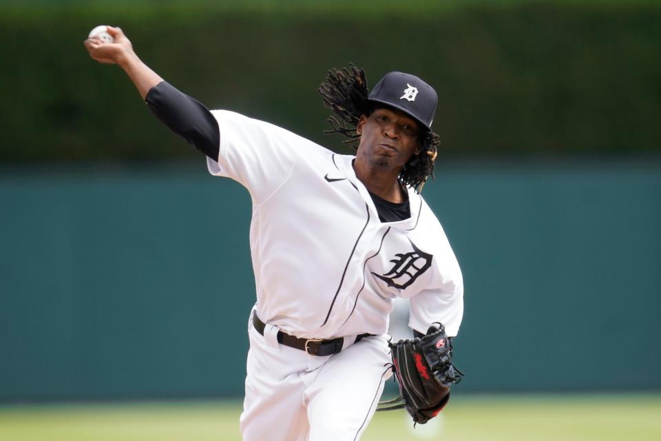 Detroit Tigers pitcher Jose Urena throws against the Minnesota Twins in the first inning of a baseball game in Detroit, Saturday, May 8, 2021.