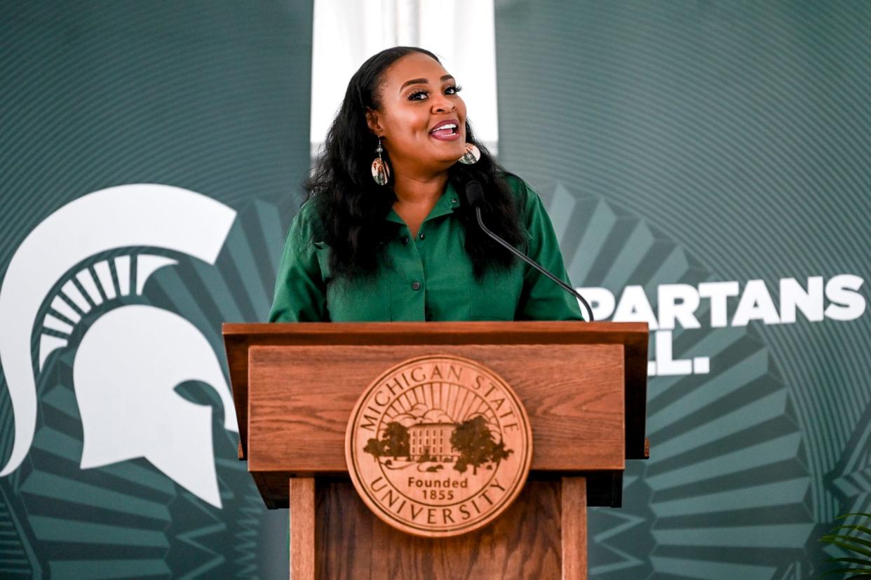 Michigan State University Board of Trustees Chair Rema Vassar speaks during a groundbreaking ceremony for the MSU student recreation and wellness center on Thursday, Sept. 7, 2023, on the MSU campus in East Lansing.