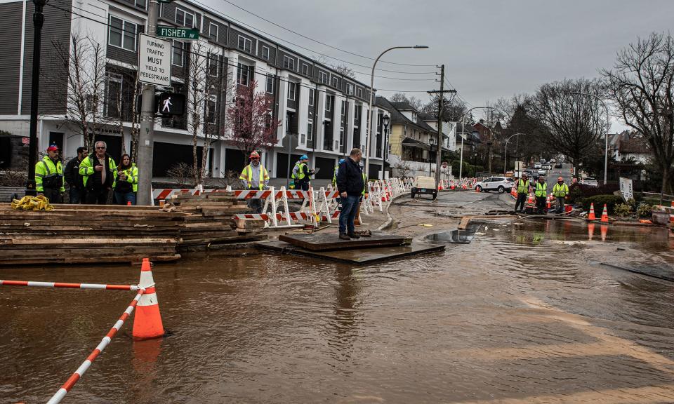 Workers at the scene of a water main break at the intersection Fisher Ave. and Bank Street in White Plains March 27, 2024 The water main break caused street closures in the area and water outages in parts of the city.