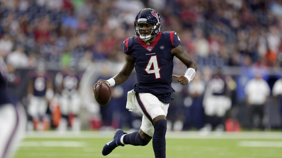 Houston Texans quarterback Deshaun Watson (4) runs for a gain against the Detroit Lions during the first half of an NFL preseason football game Saturday, Aug. 17, 2019, in Houston. (AP Photo/Michael Wyke)