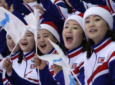 Ice Hockey – Pyeongchang 2018 Winter Olympics – Women Preliminary Round Match - Sweden v Korea - Kwandong Hockey Centre, Gangneung, South Korea – February 12, 2018 - Fans from North Korea wave Korean Unification Flags. REUTERS/Brian Snyder