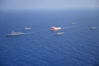 Turkish seismic research vessel Oruc Reis is escorted by Turkish Navy ships as it sets sail in the Mediterranean Sea