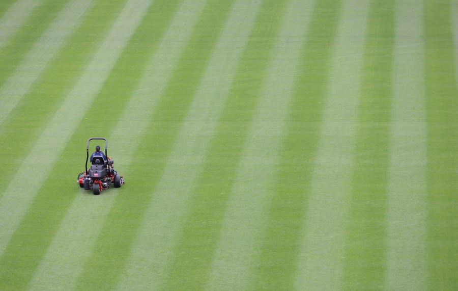 DETROIT, MI – MAY 12: A member of the Comerica Park grounds crew cuts the outfield grass in preparation for the game between the Detroit Tigers and the Minnesota Twins at Comerica Park on May 12, 2015 in Detroit, Michigan. The Tigers defeated the Twins 2-1. (Photo by Mark Cunningham/MLB Photos via Getty Images)