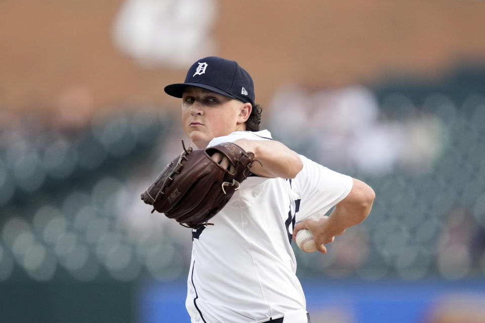 Detroit Tigers pitcher Reese Olson throws during the first inning of a baseball game against the Miami Marlins, Tuesday, May 14, 2024, in Detroit. (AP Photo/Carlos Osorio)