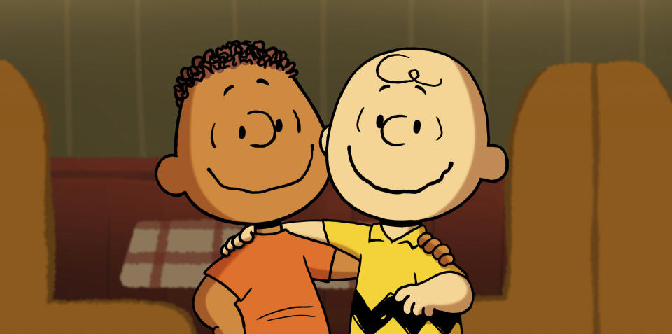 This image released by Apple TV+ shows Peanuts characters Charlie Brown, right, and Franklin in a scene from the animated special “Snoopy Presents: Welcome Home, Franklin," premiering Friday. (Apple TV+ via AP)