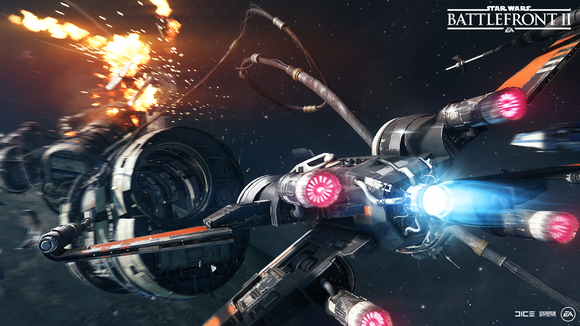 Screenshot of Electronic Arts' Star Wars Battlefront 2 video game depicting a battle in space.