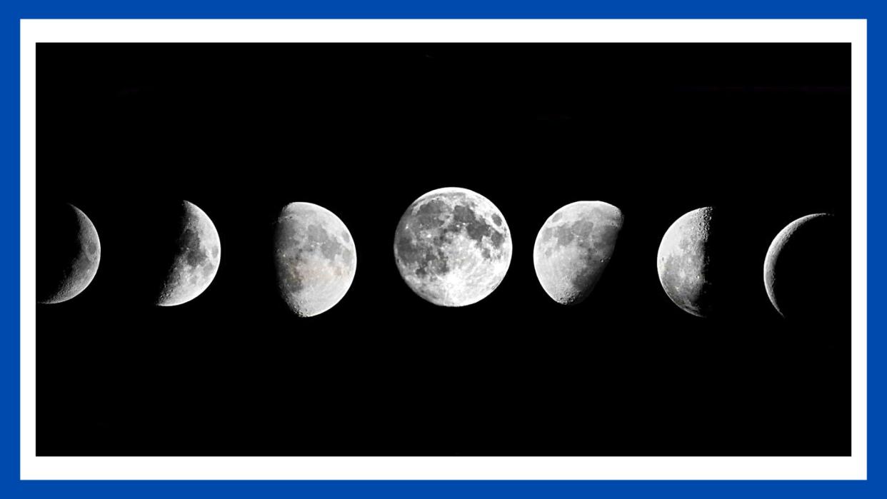  october eclipse 2022 astrology feature image; moon phases on a black sky with a blue border 