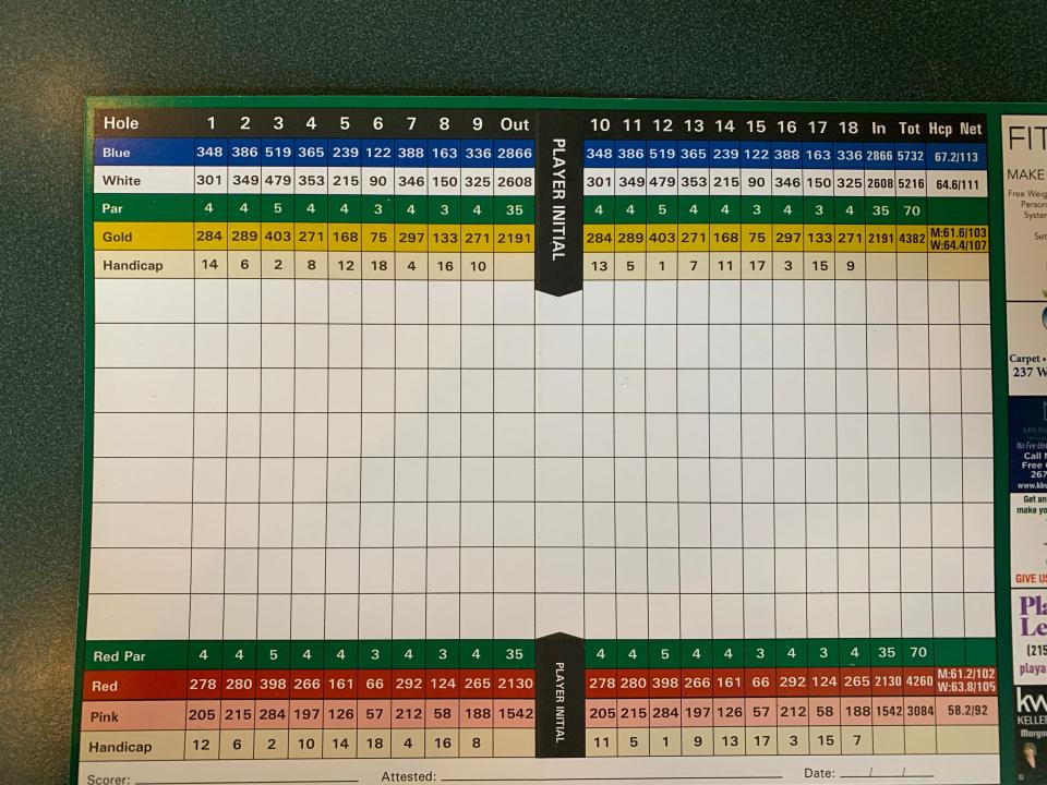 The scorecard at Worcester Golf Club in Pennsylvania.