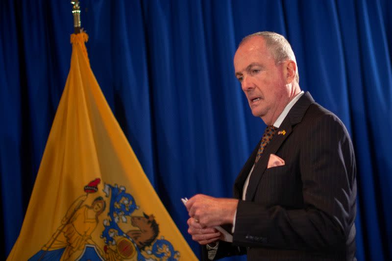 New Jersey Governor Phil Murphy arrives to speak about electronic smoking products during a news conference in Trenton, New Jersey