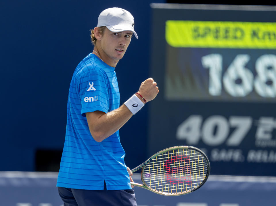 Alex de Minaur, of Australia, pumps his fist on his way to defeating Daniil Medvedev, of Russia, in men's quarterfinal tennis action at the National Bank Open in Toronto, Friday, Aug. 11, 2023. (Frank Gunn/The Canadian Press via AP)
