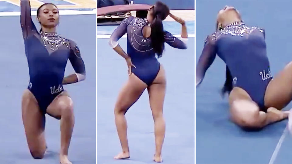 Nia Dennis, pictured here in action for UCLA gymnastics.