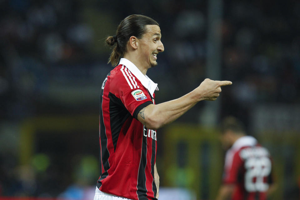 In this photo taken on Sunday, May 6, 2012, AC Milan forward Zlatan Ibrahimovic reacts during a Serie A soccer match between Inter Milan and AC Milan, at the San Siro stadium in Milan, Italy. Ibrahimovic will join AC Milan, the Milanese club announced Friday, Dec. 27, 2019 on its official twitter page. (AP Photo/Luca Bruno)