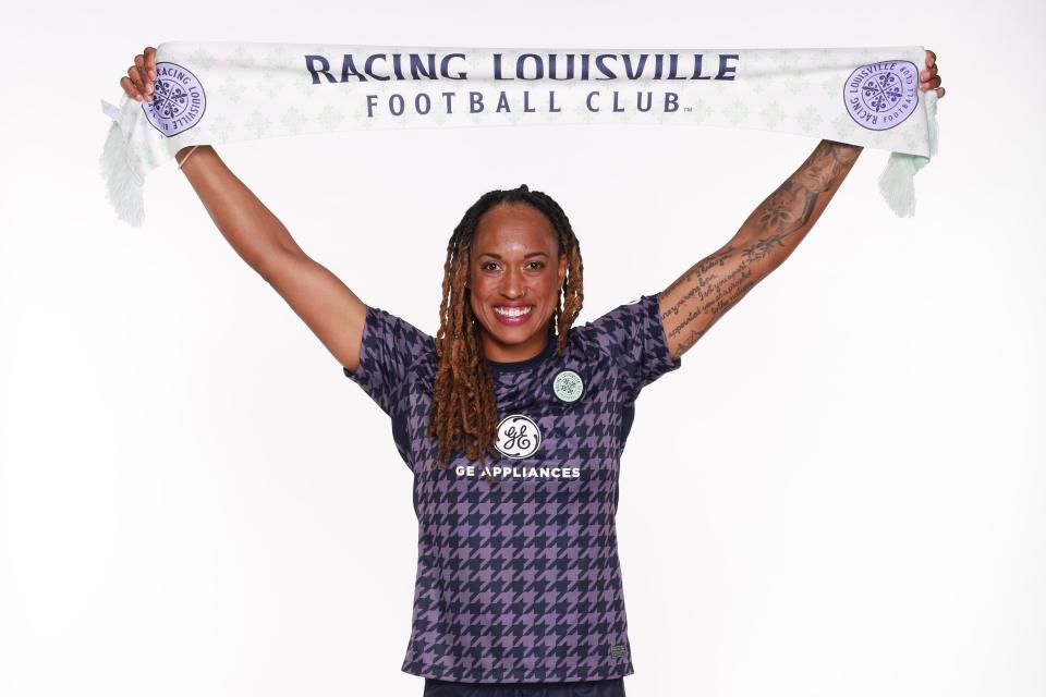 Feb 28, 2023; Louisville, KY, USA; Racing Louisville FC Jessica McDonald (14) poses for a photo during media day at Lynn Family Stadium. Mandatory Credit: EM Dash-USA TODAY Sports