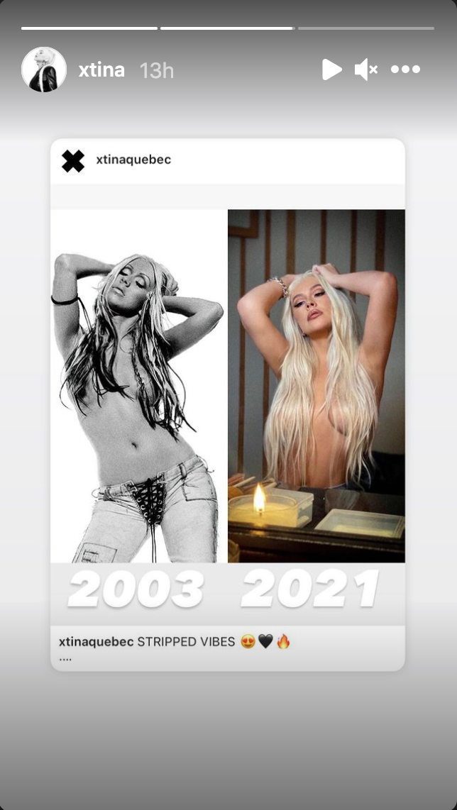 Christina Aguilera posts a comparison between her 2002 album cover for Stripped and her new Instagram photos. (Screenshot: Instagram/Christina Aguilera)