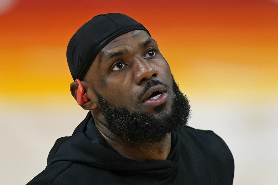 Los Angeles Lakers forward LeBron James (23) warms up before their NBA basketball game against the Utah Jazz Wednesday, Feb. 24, 2021, in Salt Lake City. (AP Photo/Rick Bowmer)