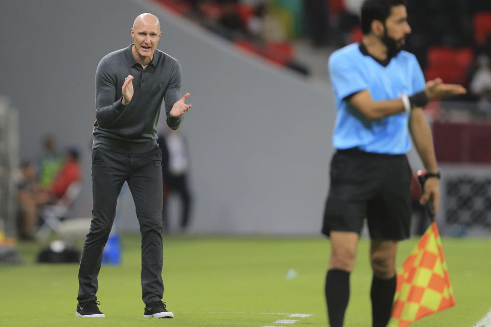 New Zealand's coach Danny Hay reacts during the World Cup 2022 qualifying play-off soccer match between New Zealand and Costa Rica in Al Rayyan, Qatar, Tuesday, June 14, 2022. (AP Photo/Hussein Sayed)