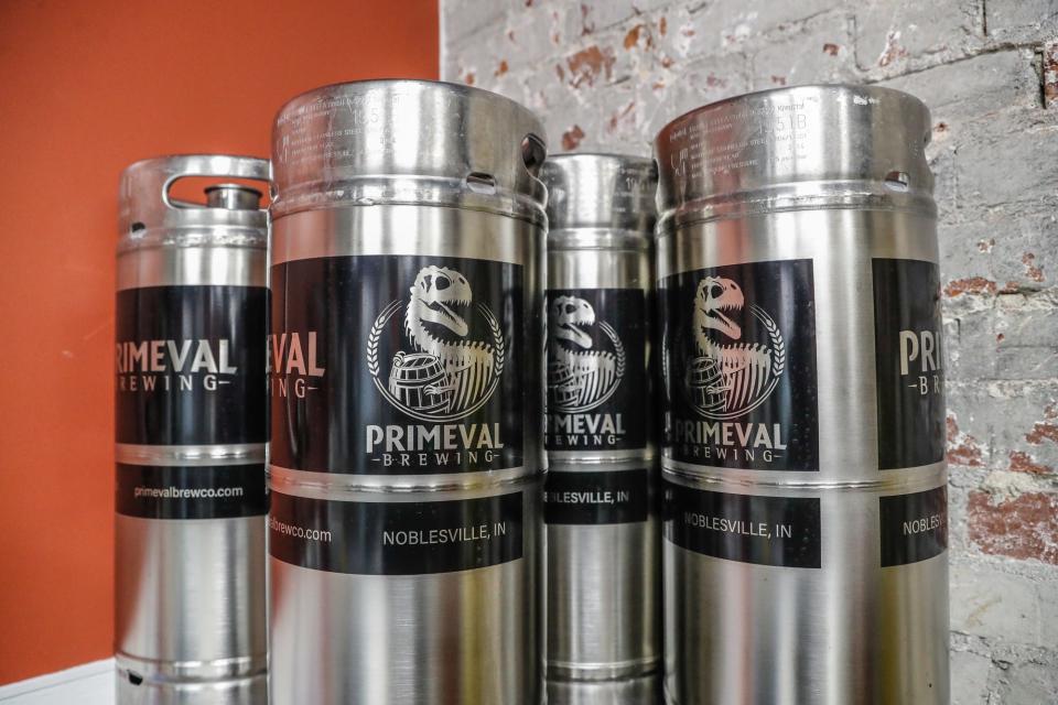 Kegs sport the new logo for Primeval Brewing, 960 Logan Street, Noblesville Ind. on Thursday, Nov. 7, 2019. 