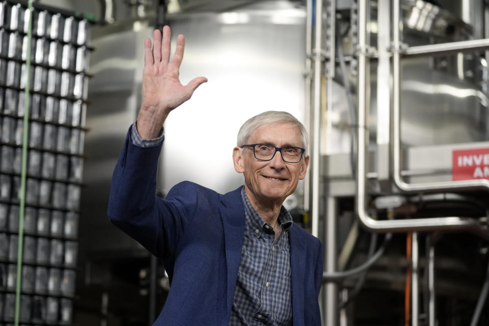 Gov. Tony Evers, D-Wis., arrives to speak before President Joe Biden at the Earth Rider Brewery, Thursday, Jan. 25, 2024, in Superior, Wis. Biden is returning to the swing state of Wisconsin to announce $5 billion in federal funding for upgrading the Blatnik Bridge and for dozens of similar infrastructure projects nationwide. (AP Photo/Alex Brandon)