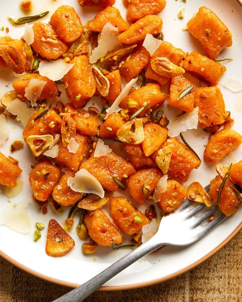 carrot gnocchi with pistachios and shaved parmesan