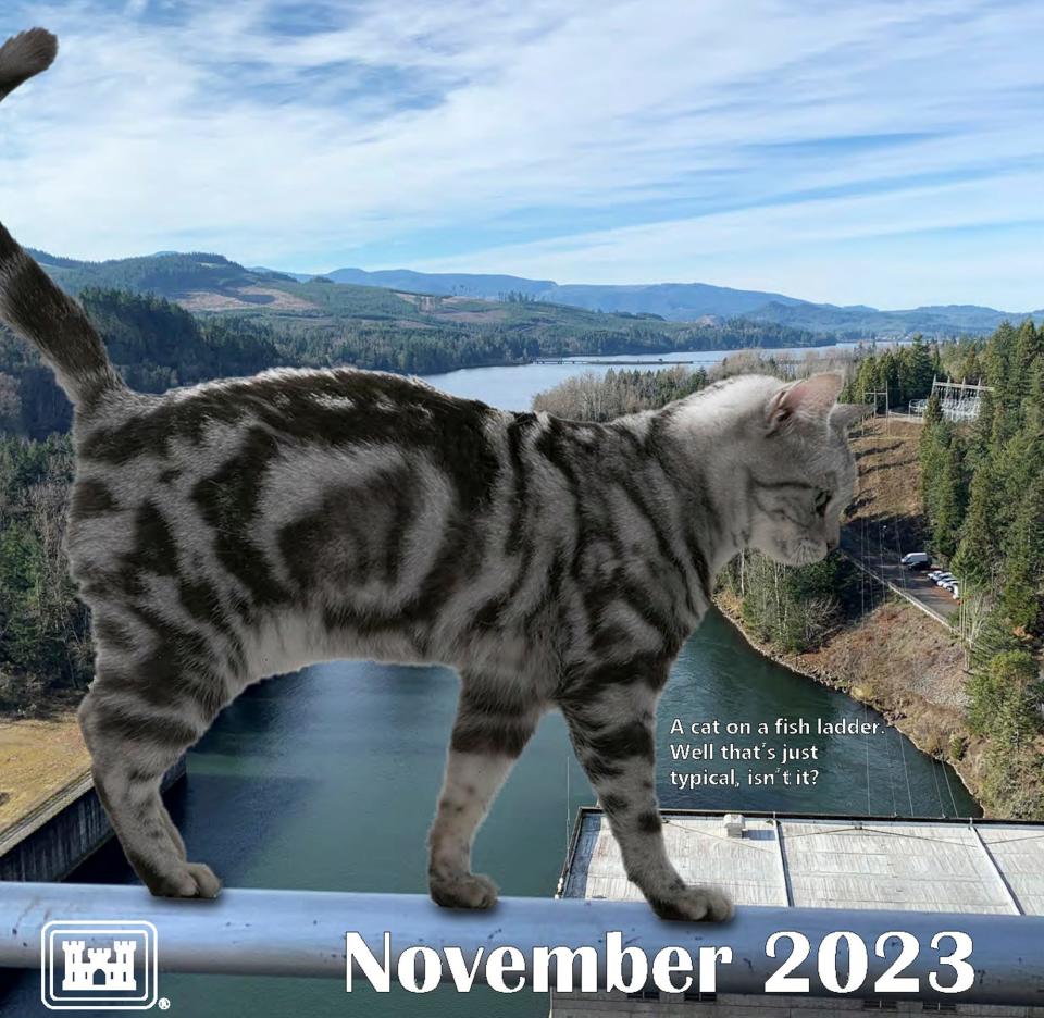 The Portland District of the U.S. Army Corps of Engineers released its 2023 calendar which features giant cats photoshopped into landscape portraits of the Corps' best achievements.