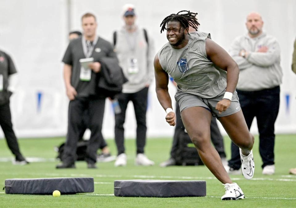 Offensive lineman Olu Fashanu runs position drills for NFL scouts at Penn State’s Pro Day on Friday, March 15, 2024 in Holuba Hall. Abby Drey/adrey@centredaily.com