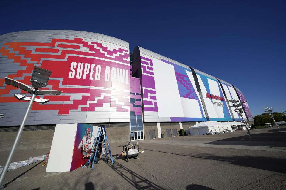 Exterior of State Farm Stadium in Glendale on Feb. 7, 2023, ahead of Super Bowl 57.