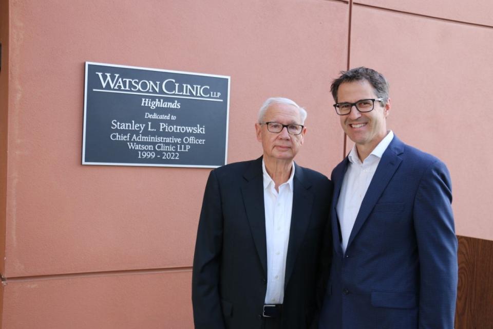 Pictured left to right are Stan Piotrowski, Watson Clinic chief administrative officer, and Steven Achinger, M.D., chairman of the board, Watson Clinic Foundation.