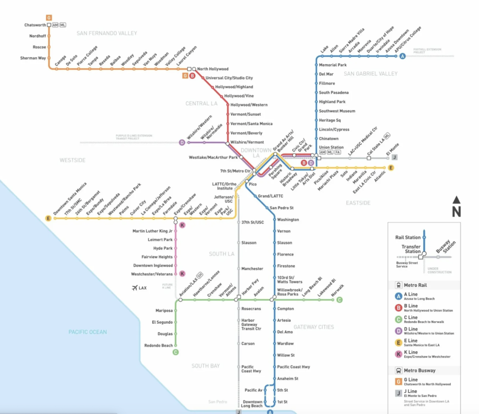 Los Angeles' current metro routes.