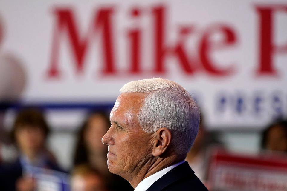 Republican presidential candidate former Vice President Mike Pence speaks at a campaign event, Wednesday, June 7, 2023, in Ankeny, Iowa. (AP Photo/Charlie Neibergall) ORG XMIT: IACN126
