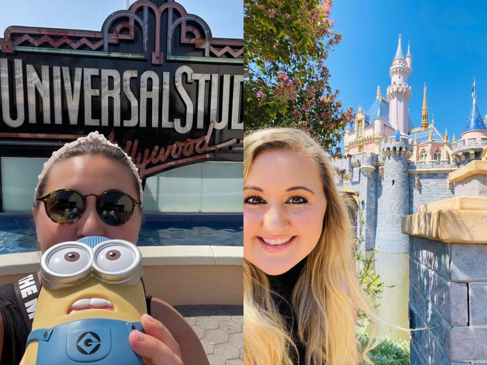 carly posing with a minion cup in front of universal hollywood sign and carly posing in front of sleeping beauty castle at disneyland