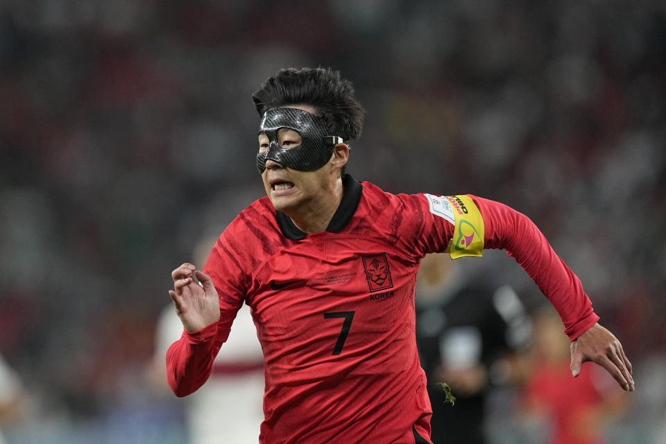 South Korea's Son Heung-min runs for a ball during the World Cup group H soccer match between South Korea and Portugal, at the Education City Stadium in Al Rayyan, Qatar, Friday, Dec. 2, 2022. (AP Photo/Ariel Schalit)