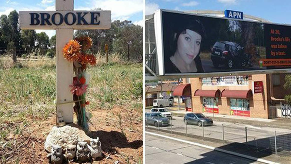 The roadside memorial for Brooke (left) and a billboard for Brooke's Don't-Text-And-Drive campaign