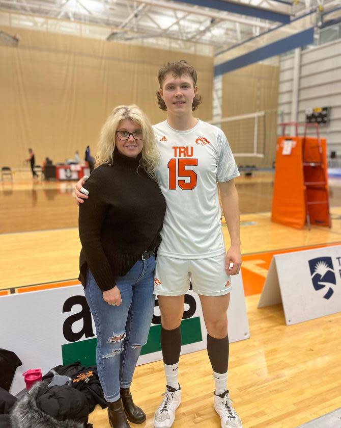 Erin Walters, left, says her son Owyn McInnis was the young man killed in a mutli-vehicle collision in Kamloops on Wednesday. McInnis, in his early 20s, was an outside hitter for the Thompson Rivers University WolfPack men's volleyball team.