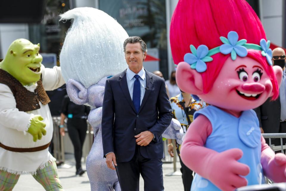 California Gov. Gavin Newsom at a news conference at Universal Studios in 2021.