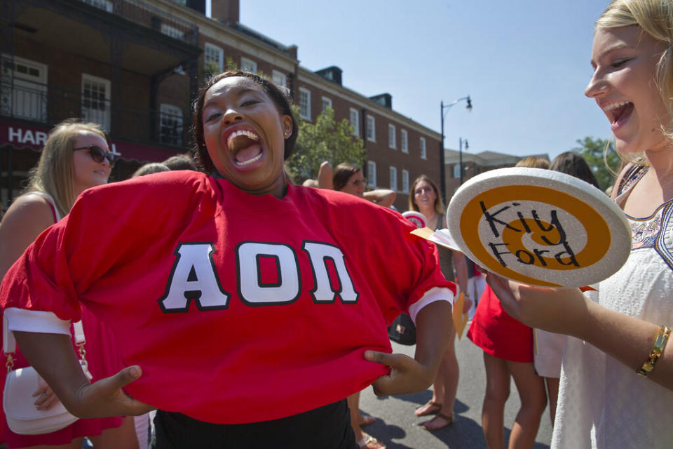 Young woman wearing a sorority sweatshirt