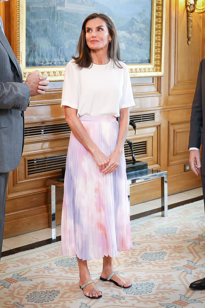 MADRID, SPAIN - JUNE 27: Queen Letizia of Spain receives Charles H. Rivkin, president of Motion Pictures Association, at Zarzuela Palace on June 27, 2024 in Madrid, Spain. (Photo by Paolo Blocco/WireImage)