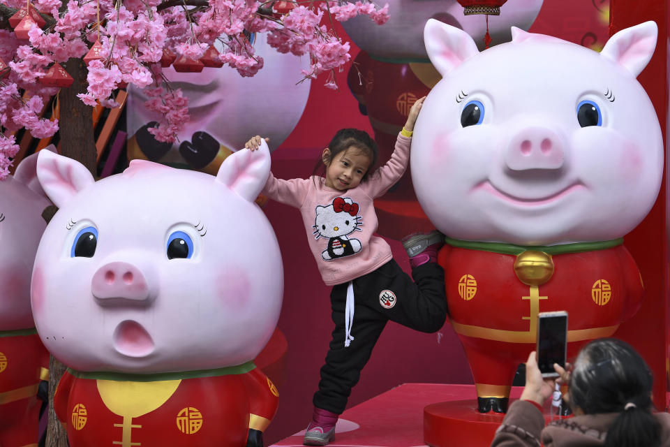 In this Jan. 28, 2019, photo, a Chinese girl poses for a souvenir photo with the cluster of pig sculptures on displayed outside a shopping mall in Nanning in south China's Guangxi Zhuang Autonomous Region. Chinese will celebrate Lunar New Year on Feb. 5 this year which marks the Year of the Pig on the Chinese zodiac. (Chinatopix via AP)