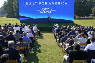 Ford Executive Chairman Bill Ford speaks during a presentation on the planned factory to build electric F-Series trucks and the batteries to power future electric Ford and Lincoln vehicles Tuesday, Sept. 28, 2021, in Memphis, Tenn. The Tennessee plant is to be built near Stanton, Tenn. (AP Photo/Mark Humphrey)