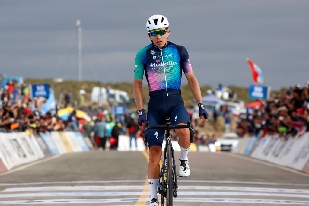  ALTO COLORADO ARGENTINA  JANUARY 27 Miguel Angel Lopez of Colombia and Team Medellin  EPM celebrates at finish line as stage winner during the 39th Vuelta a San Juan International 2023 Stage 5 a 1733km stage from Chimbas to Alto Colorado 2623m  VueltaSJ2023  on January 27 2023 in  Alto Colorado Argentina Photo by Maximiliano BlancoGetty Images 