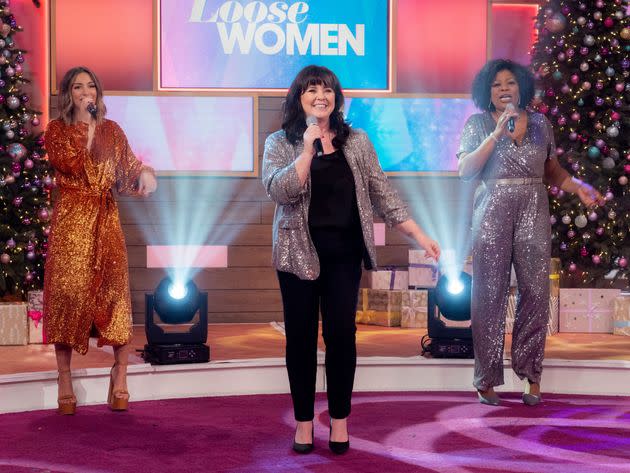 Frankie Bridge and Coleen Nolan performing with Brenda Edwards on Loose Women (Photo: Ken McKay/ITV/Shutterstock)