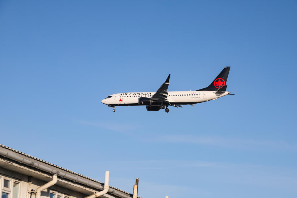 Air Canada Boeing 737 MAX 8 landing at London Heathrow International Airport LHR EGLL with nice blue sky weather. The Boeing 737 MAX8 aircraft has 2X LEAP engines and is the newest variant of the Boeing 737 series, Boeing 737-800. Air Canada AC is a Star Alliance member and connects London, England UK to the Canadian cities Calgary, Edmonton, Halifax, Montréal Trudeau, Ottawa, St. John’s, Toronto Pearson, Vancouver. (Photo by Nicolas Economou/NurPhoto via Getty Images)