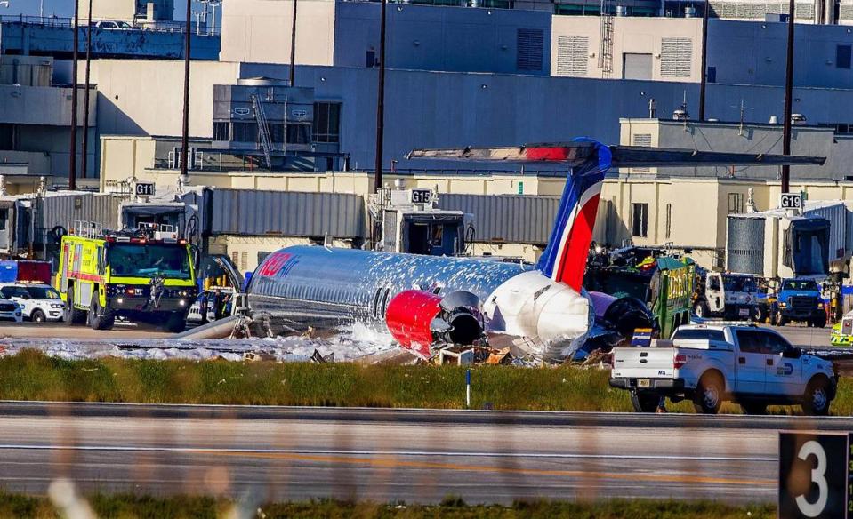 Fire Fighters units seen next to a Red Air plane that caught on fire after the landing gear “collapsed,” at the runway. The flight was coming from Las Américas International Airport in the Dominican Republic. on Tuesday June 21, 2022.