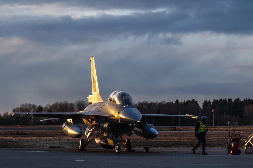 A F-16 aircraft is pictured after the first delivery of Norway's old F-16 fighter aircraft to Romania at Rygge Air Force Base, Norway on Nov. 28, 2023.