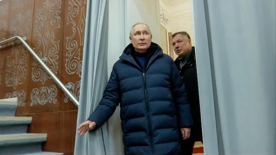 Russian president Vladimir Putin and deputy prime minister Marat Khusnullin visit the Mariupol theatre during Putin’s visit to Mariupol in Russian-controlled Donetsk region, Ukraine.