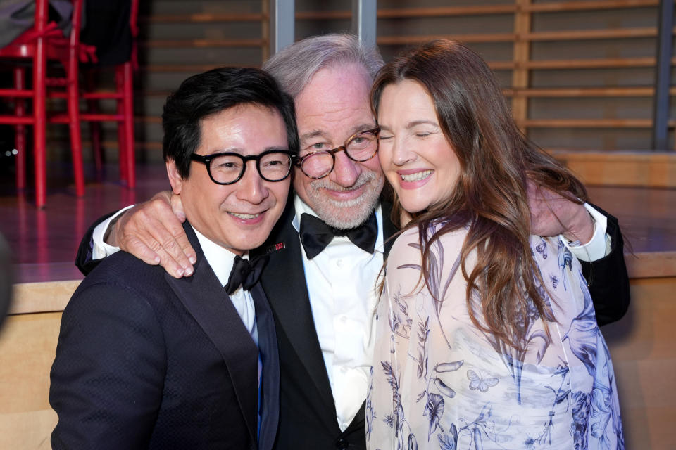 Ke Huy Quan, Steven Spielberg and Drew Barrymore are all smiles as they reunited at the annual event. (Sean Zanni / Patrick McMullan via Getty Images)